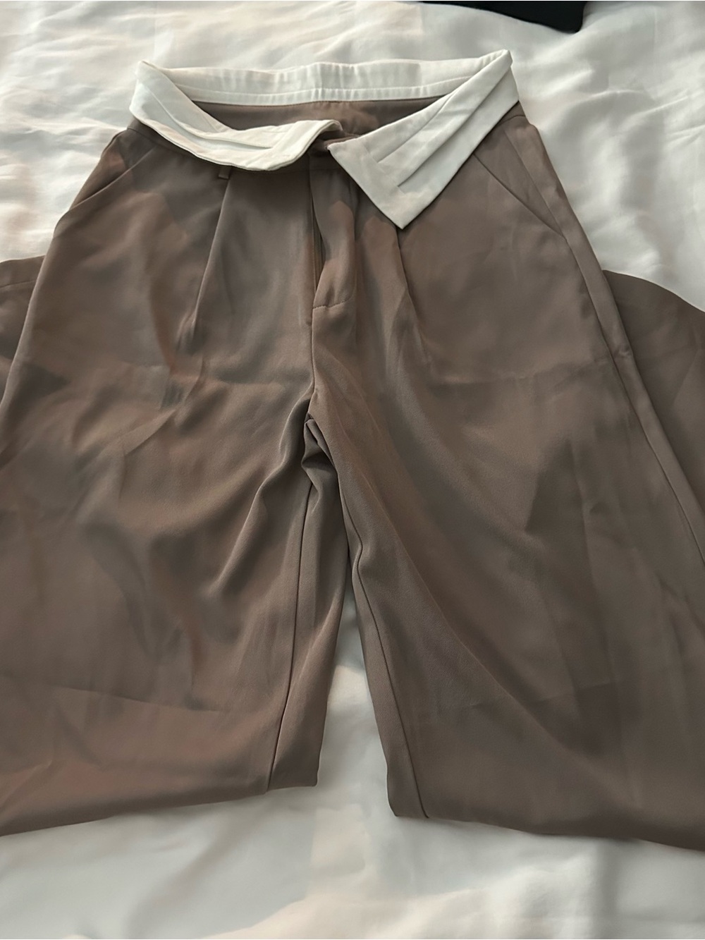 Tan Wide Leg Trousers With White Waistband